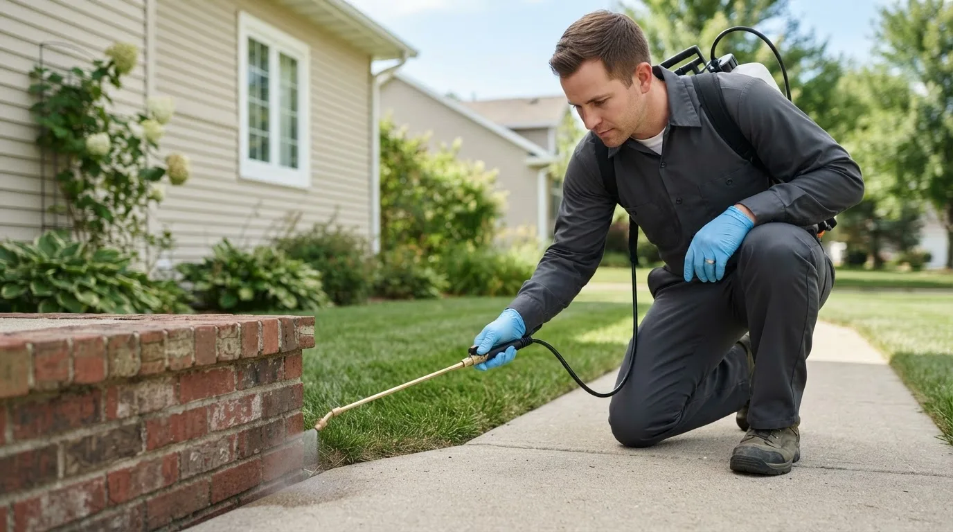 Pest control technician treating a home near Wayne, OK